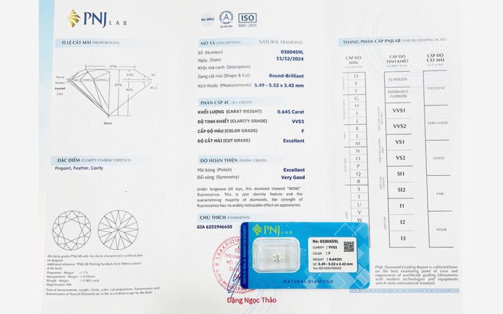 Giấy kiểm định kim cương PNJ Lab