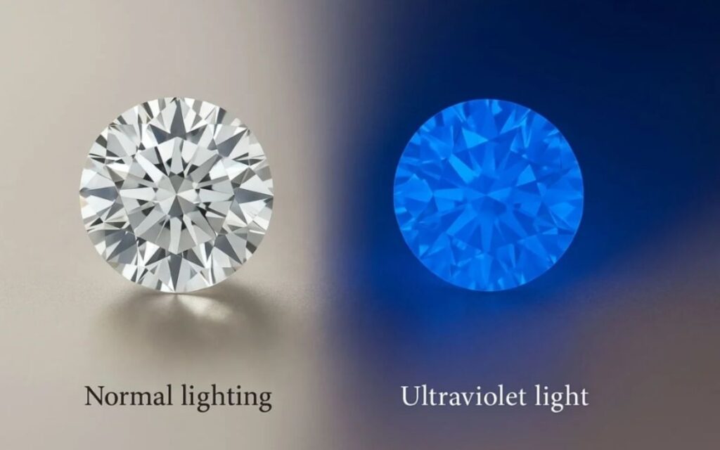 Huỳnh quang có thể làm kim cương trông trắng hơn ở mức nhẹ, nhưng mức mạnh có thể gây mờ đục và giảm giá trị.